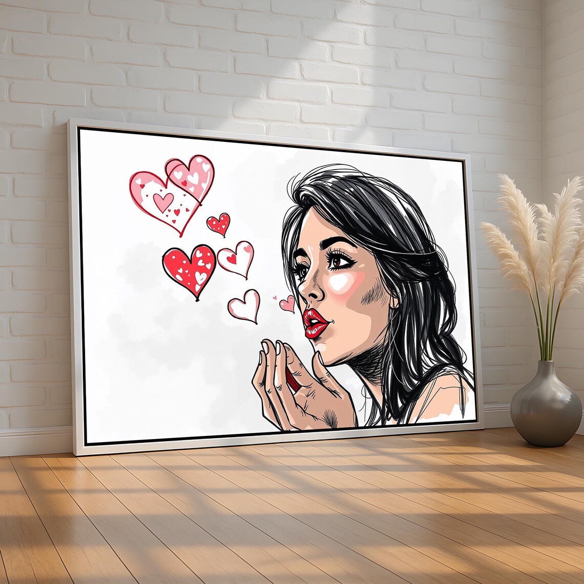 Pop Art Woman Blowing Kiss With Red Hearts Retro Style Wall Art