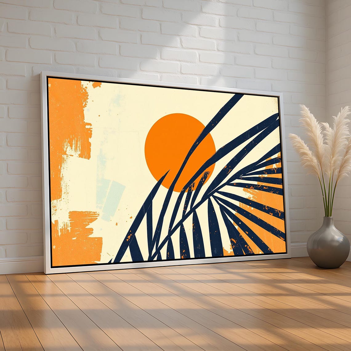 Abstract Palm Fronds Orange Sun Modern Tropical Retro Art Poster