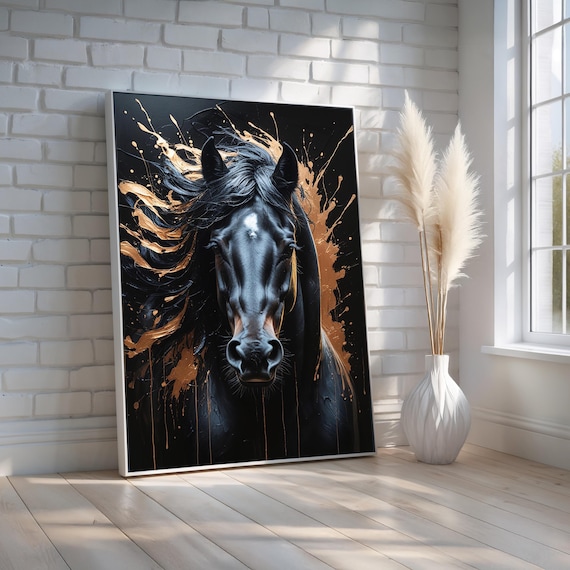 Black Horse Wall Art Bold Abstract Canvas Poster Powerful Stallion Painting With Gold Accents Modern Equestrian Decor Ready To Hang