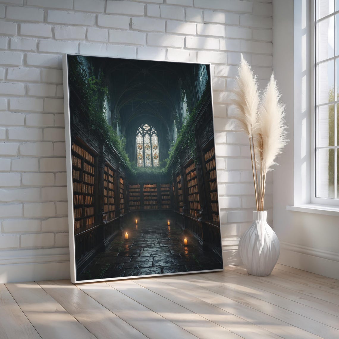 Dark Gothic Cathedral Library Candles Ivy Moody Fantasy Wall Art