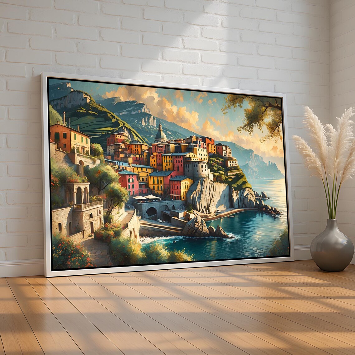 Colorful Mediterranean Coastal Village Cliffs Seaside Town Poster