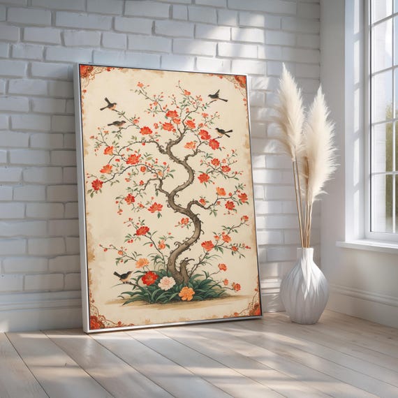 Oriental Cherry Blossom Wall Art Vintage Chinese Botanical Print Asian Floral Painting With Birds Elegant Nature Decor Ready To Hang