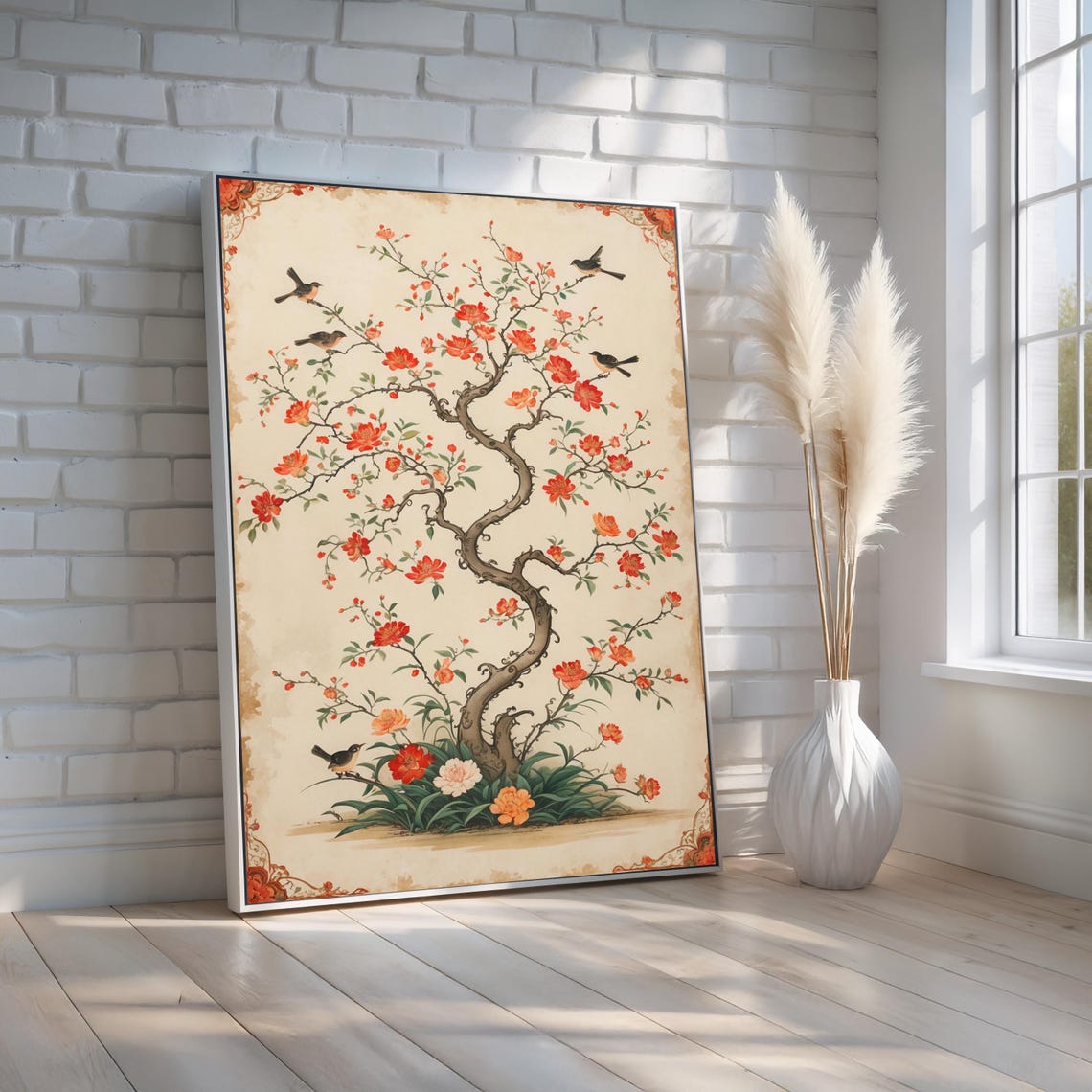 Chinoiserie Flowering Tree Birds Vintage Botanical Art Poster