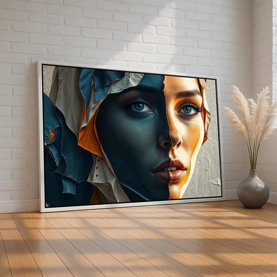 Dualtone Abstract Women Portrait Poster Wall Art Framed Canvas Modern Mixed Media Artwork Bold And Artistic Decor Ar040