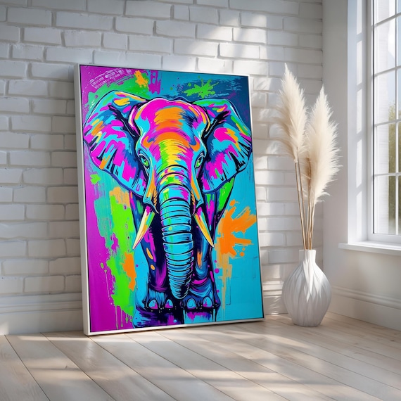 Neon Elephant Canvas Wall Art Colorful Pop Animal Print Vibrant Modern Decor For Game Rooms Or Dorms Bold Statement Ready To Hang