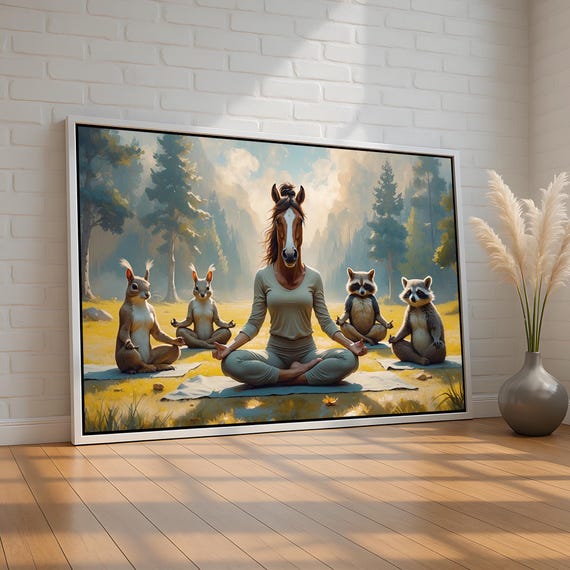 Funny Yoga Animal Wall Art Surreal Meditation Canvas Or Poster Quirky Forest Raccoon Squirrel Horse Decor For Home Ready To Hang