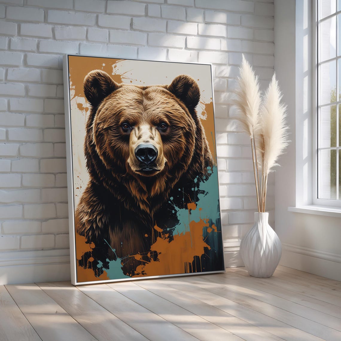 Bold Brown Bear Portrait Paint Splatter Effect Rustic Art Poster