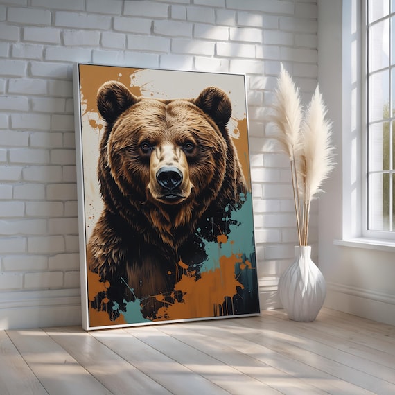 Bold Brown Bear Portrait Wildlife Wall Art With Paint Splatter Effect Rustic Lodge Canvas Or Poster Nature Decor Gift Ready To Hang