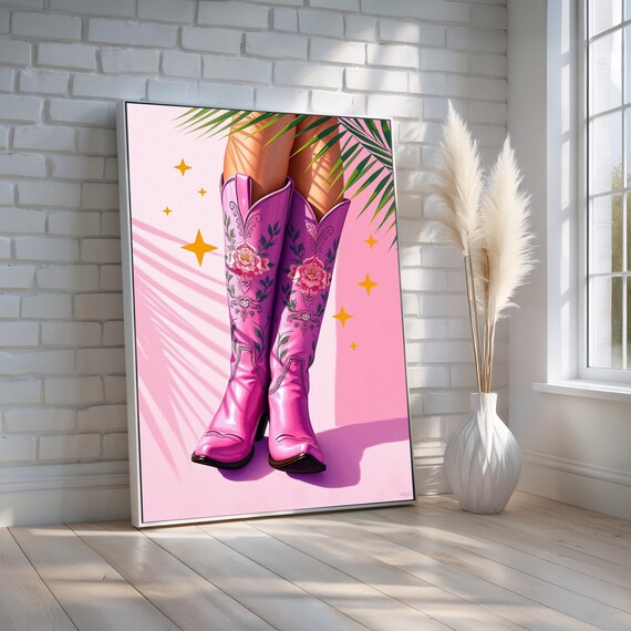 Pink Floral Cowgirl Boots Western Pop Art Illustration Poster