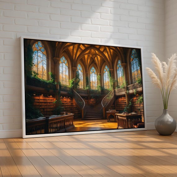 Gothic Library Enchanted Book Room Stained Glass Fantasy Poster