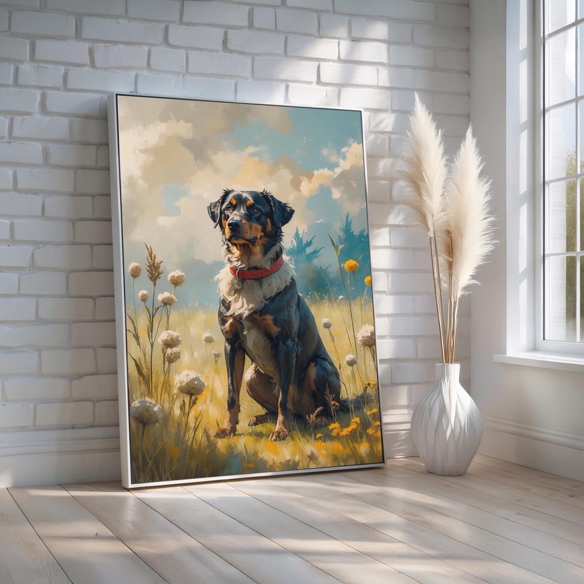 Rottweiler Dog Wildflower Meadow Painterly Pet Portrait Wall Art Decor