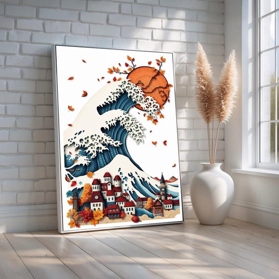 Autumn Wave Wall Art Fallinspired Japanese With Village Scene Seasonal Paper Cut Style Canvas Cozy Decor Ready To Hang