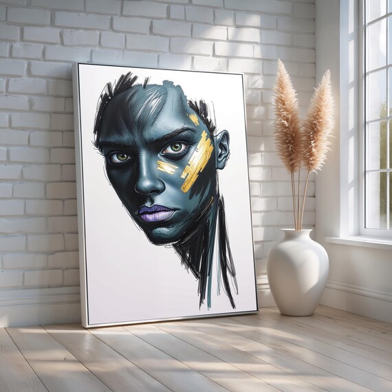 Modern Surreal Portrait Wall Art Bold Blue Gold Abstract Face With Green Eyes And Purple Lips Striking Canvas Print Ready To Hang