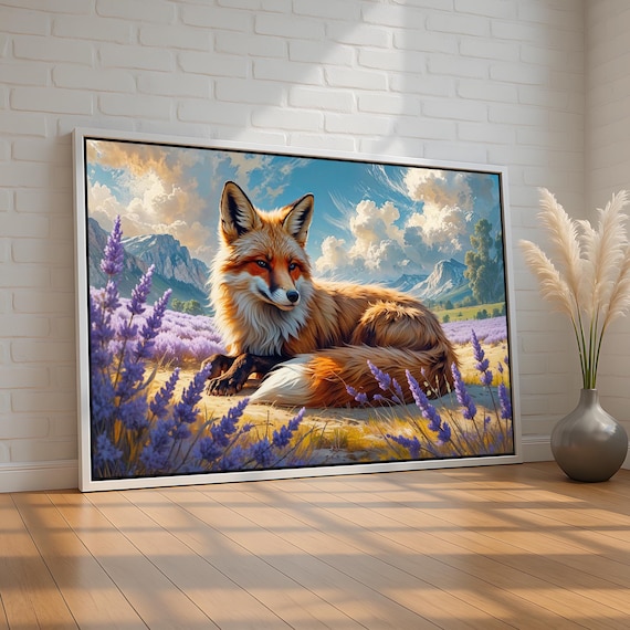 Majestic Fox In Lavender Field Nature Wildlife Wall Art For Rustic Cabin Or Modern Home Decor Canvas Poster Prints Ready To Hang