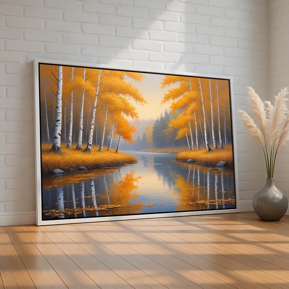 Autumn Birch Forest River Canvas Poster Fall Nature Landscape Wall Art Cozy Seasonal Decor For Living Room Or Cabin Ready To Hang
