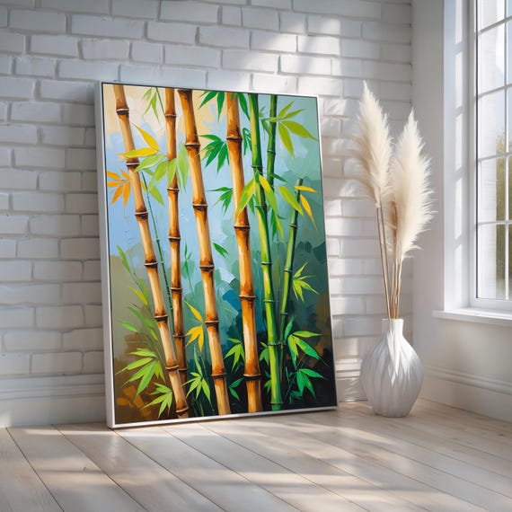 Bamboo Wall Art Tranquil Zen Canvas Print With Green Golden Stalks Natureinspired Spa Decor Asian Botanical Poster Ready To Hang