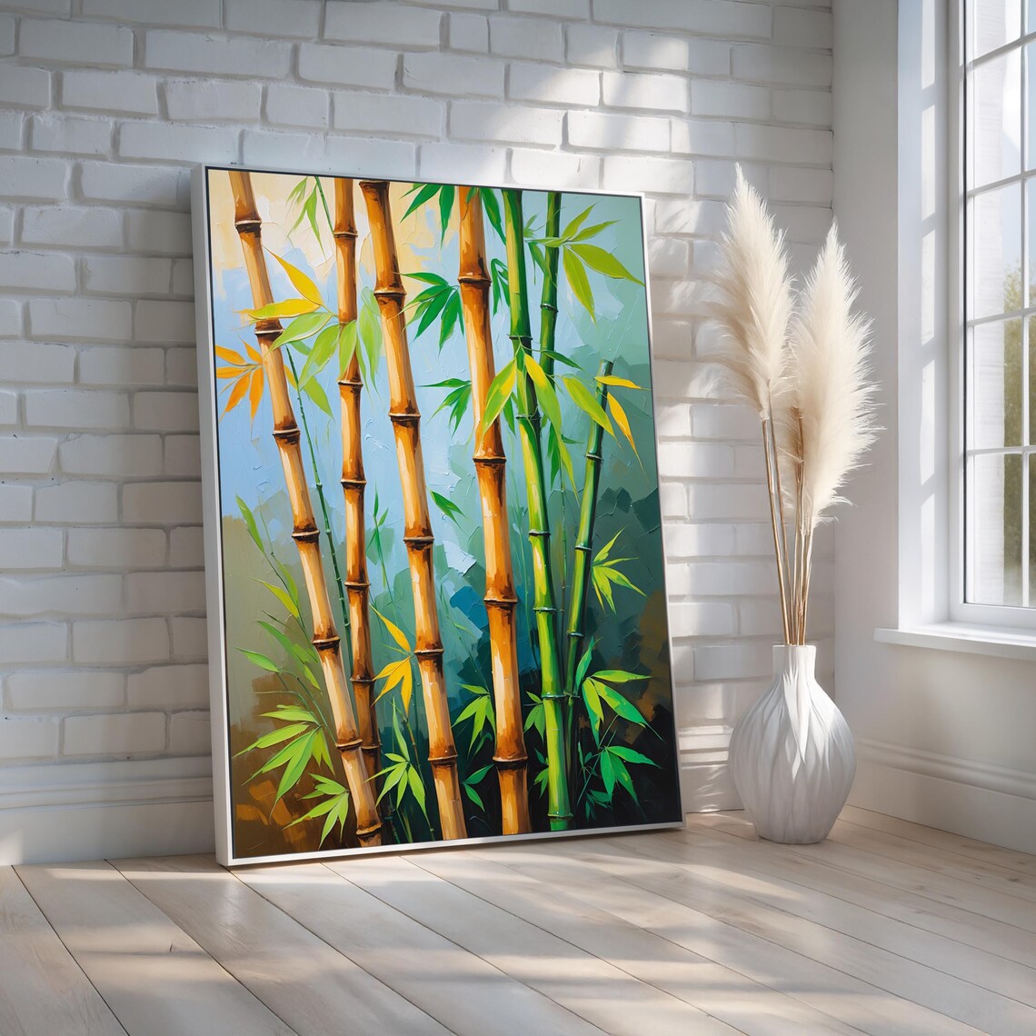 Tranquil Green and Golden Bamboo Stalks Zen Botanical Painting Poster
