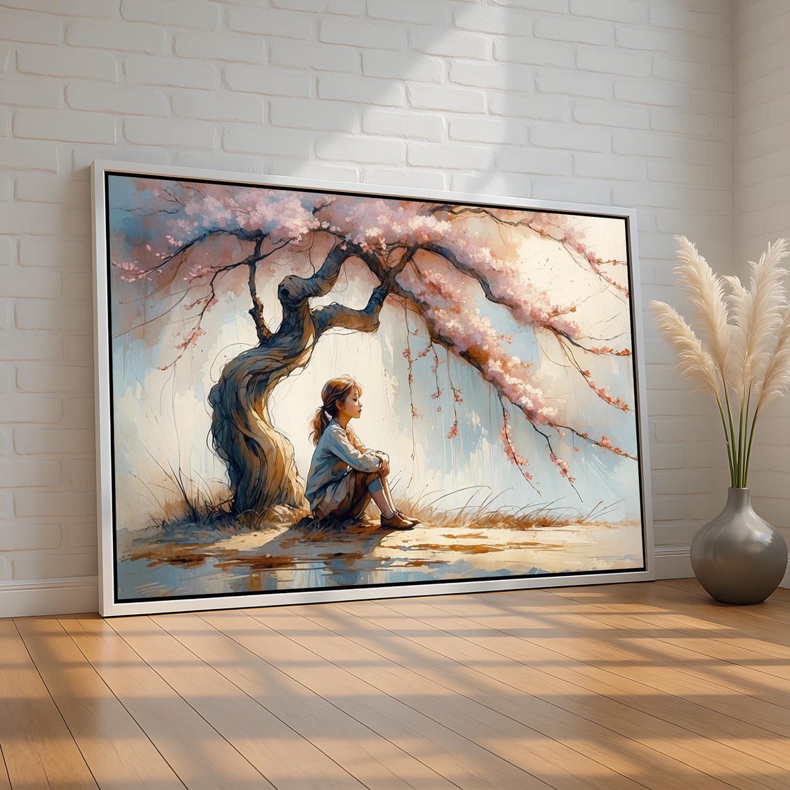 Girl Under Blossom Tree Watercolor Peaceful Spring Dreamy Wall Art