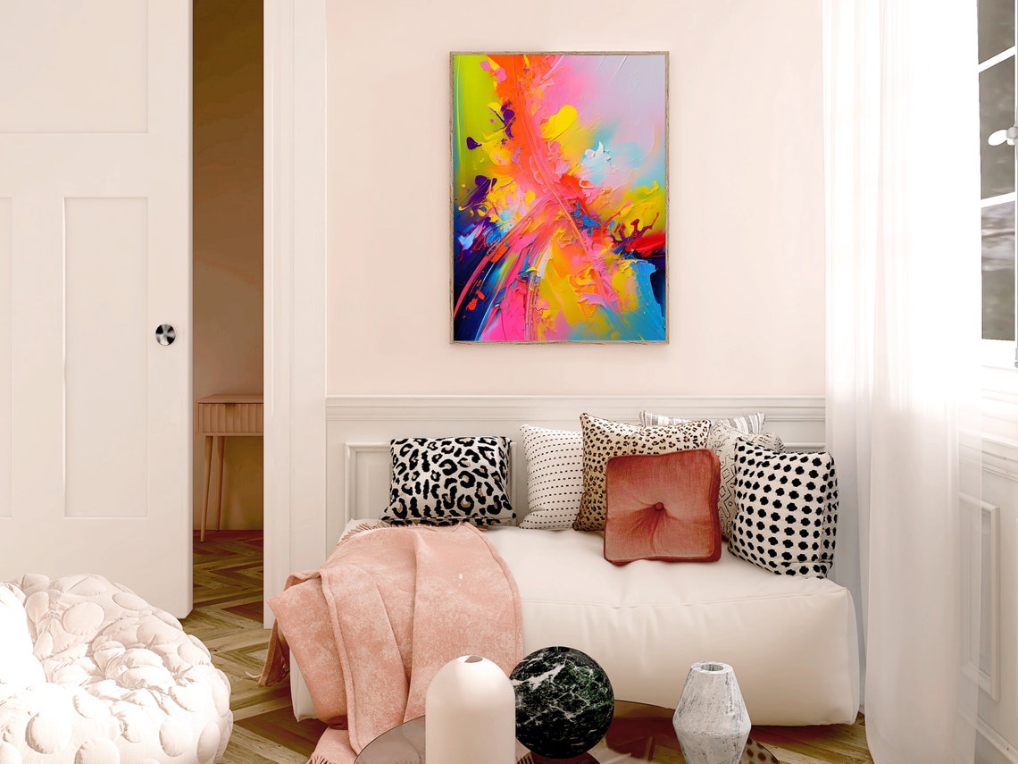 Orange Pink and Gold Diagonal Abstract Expressionist Art Poster - Image 2