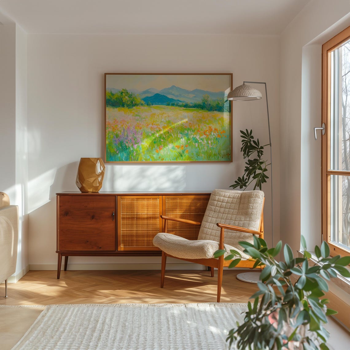Wildflower Meadow with Blue Mountains Sunny Landscape Art Poster - Image 2