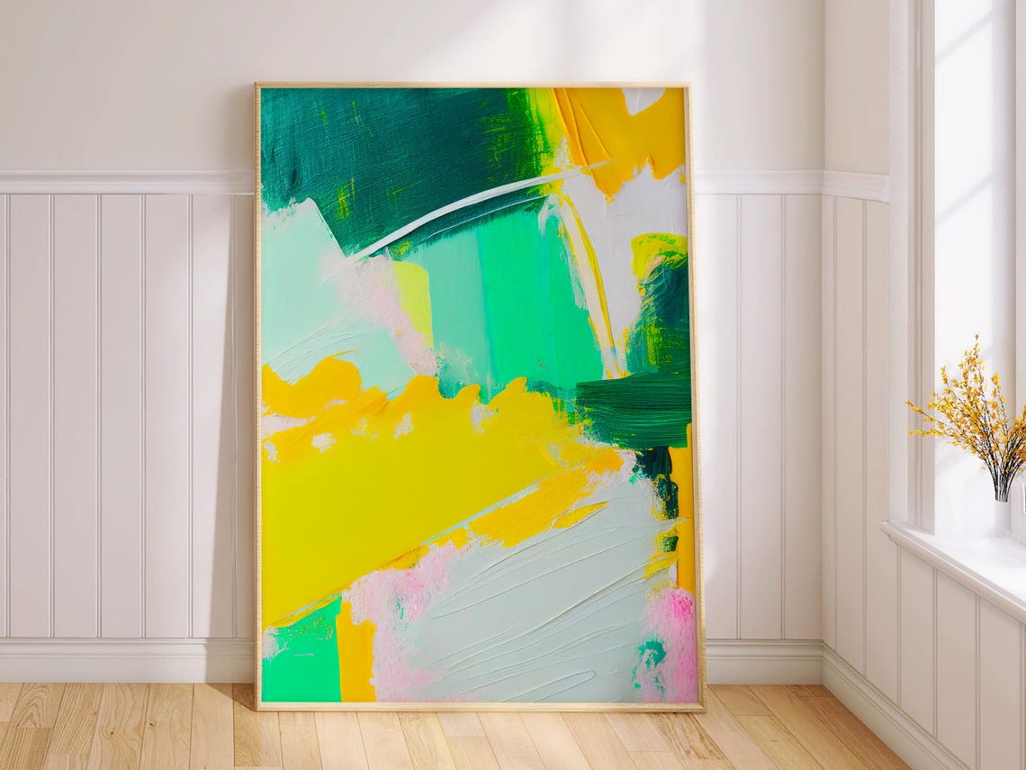 Emerald Green Yellow Sweeping Stroke Abstract Expressionism Poster - Image 2