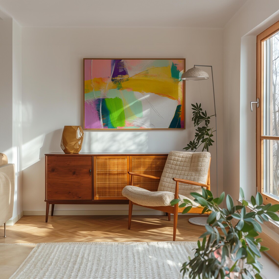 Golden Yellow Pink Lime Brushstroke Fresh Abstract Painting Poster - Image 2