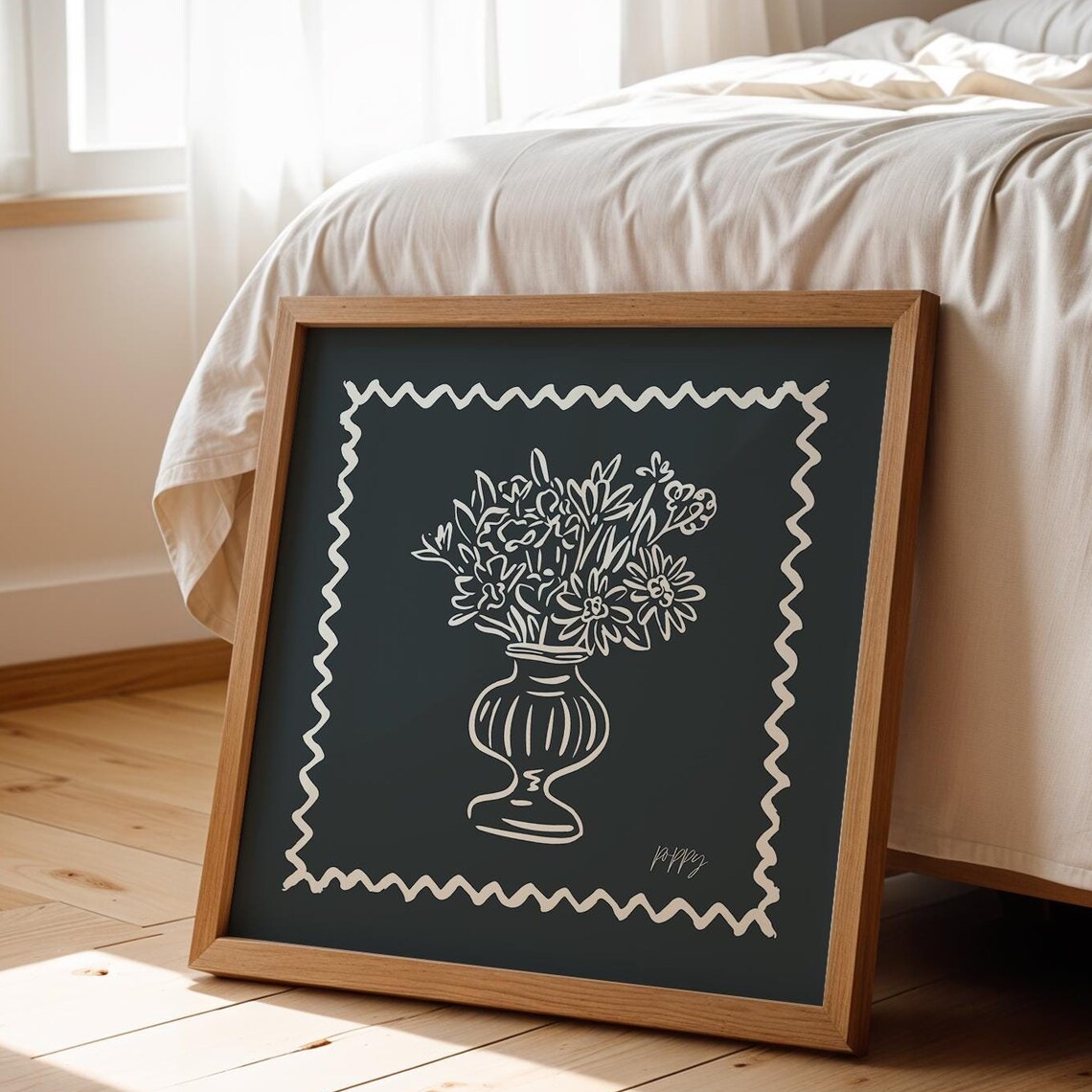 Black Background Cream Line Wildflower Bouquet Vase Modern Wall Poster - Image 5