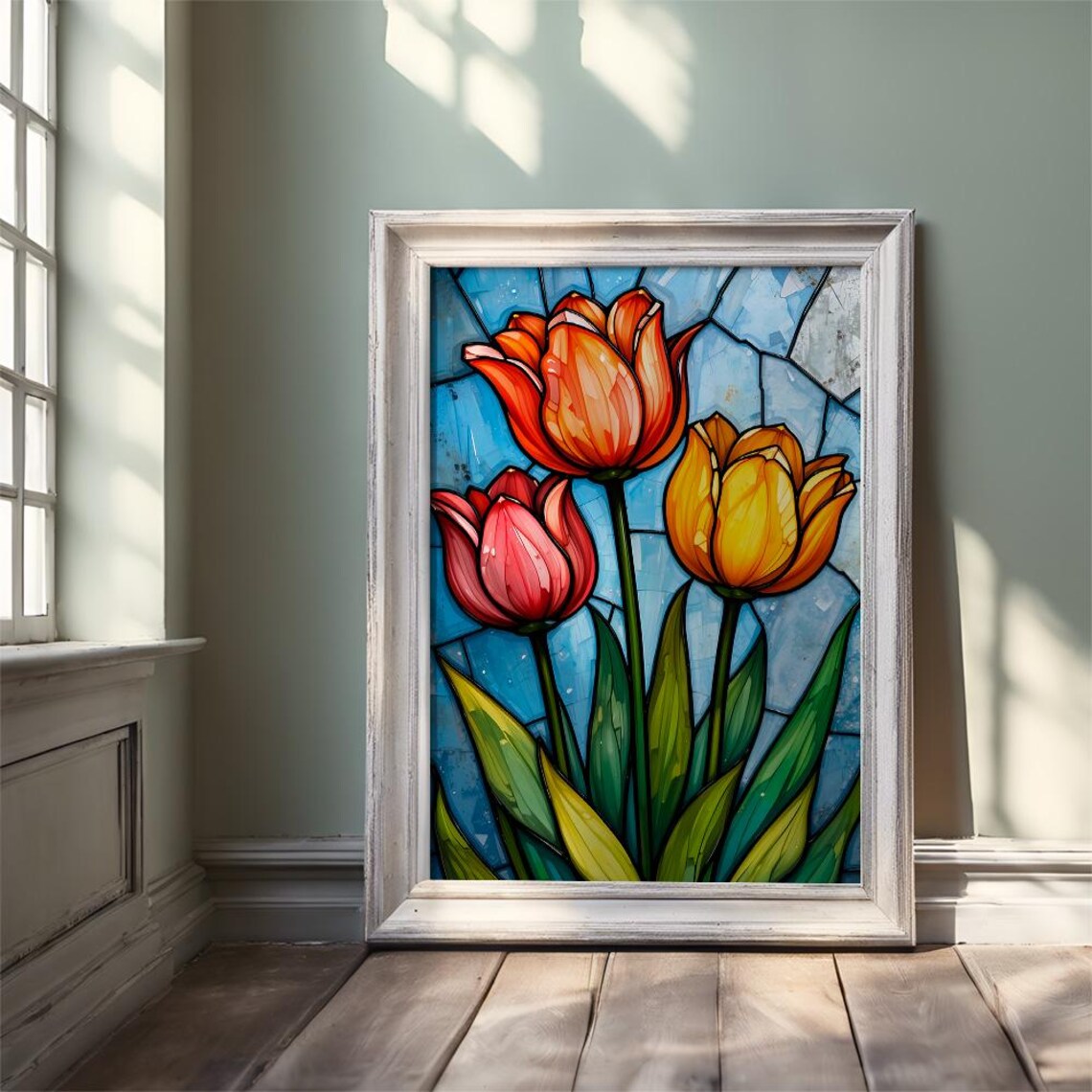 Stained Glass Tulips in Red Orange and Yellow Floral Art Poster - Image 3