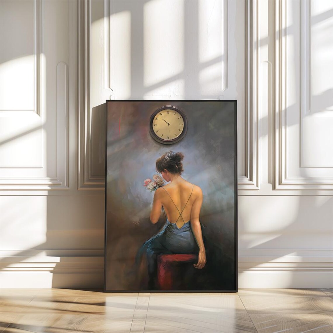 Elegant Woman in Backless Dress Beneath a Wall Clock Art Poster - Image 2