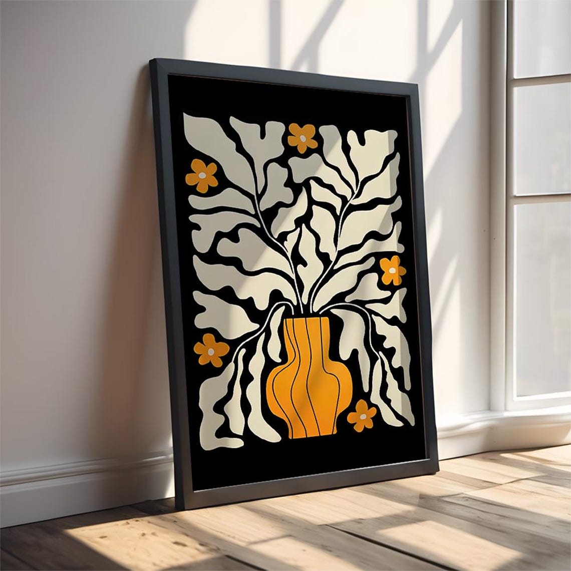 Minimalist Orange Vase with Abstract Botanical Leaves Art Poster - Image 2