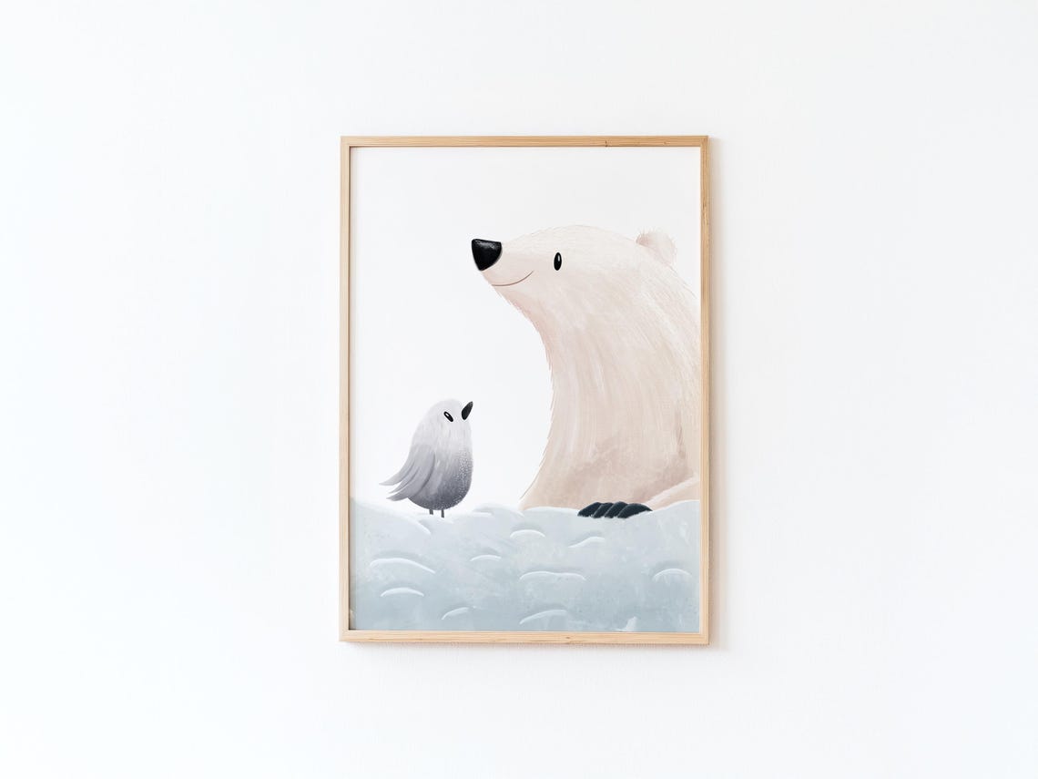 Polar Bear And Small Bird On Snowy Landscape Watercolor Poster