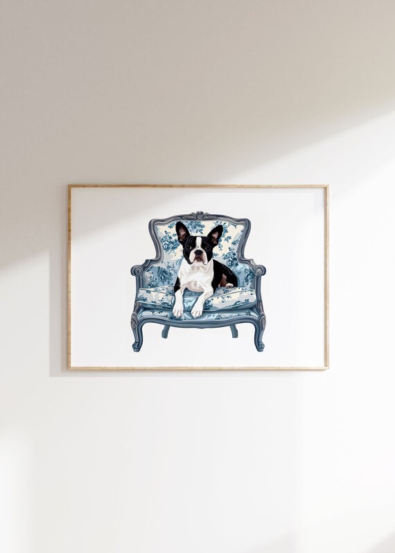 Preppy Boston Terrier Art Print Chinoiserie Aesthetic Dog Print Preppy Dog Boston Terrier Gifts Cute Nursery Decor