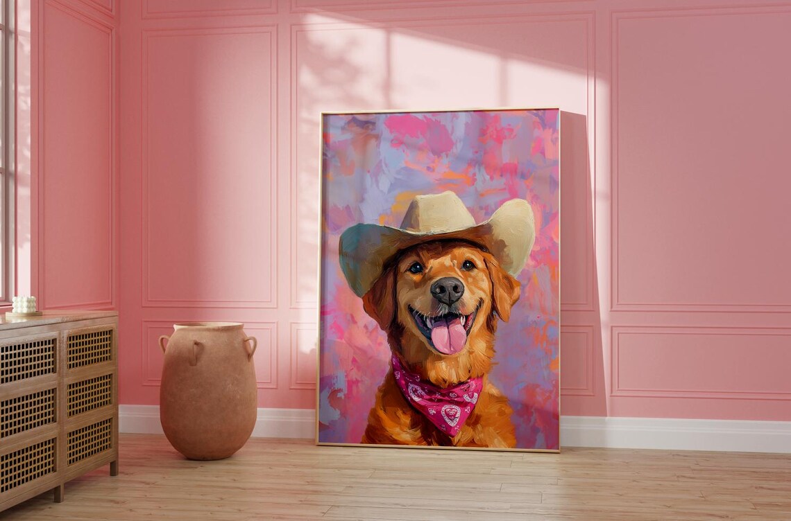 Smiling Golden Retriever in Cowboy Hat Colorful Western Dog Art Poster - Image 2