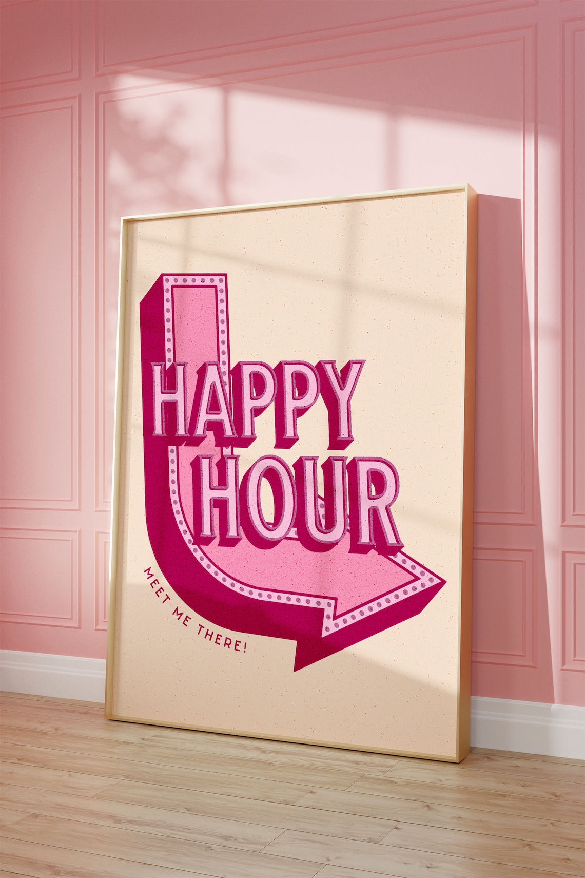 Happy Hour Meet Me There Retro Arrow Sign Pink Bar Cart Poster
