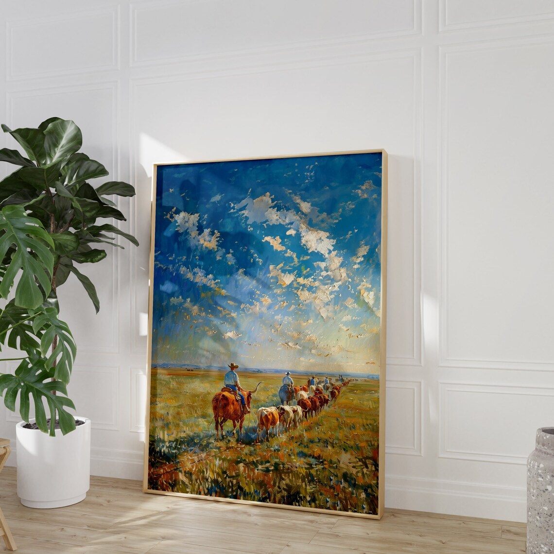 Cowboys Driving Longhorn Cattle Herd Prairie Painting Poster