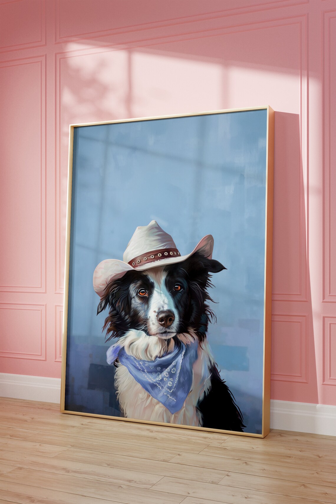 Border Collie in White Cowgirl Hat Blue Western Pet Art Poster - Image 2