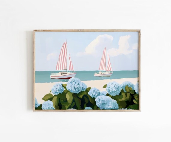 Pastel Sailboats Pink Striped Sails Hydrangea Beach Scene Poster