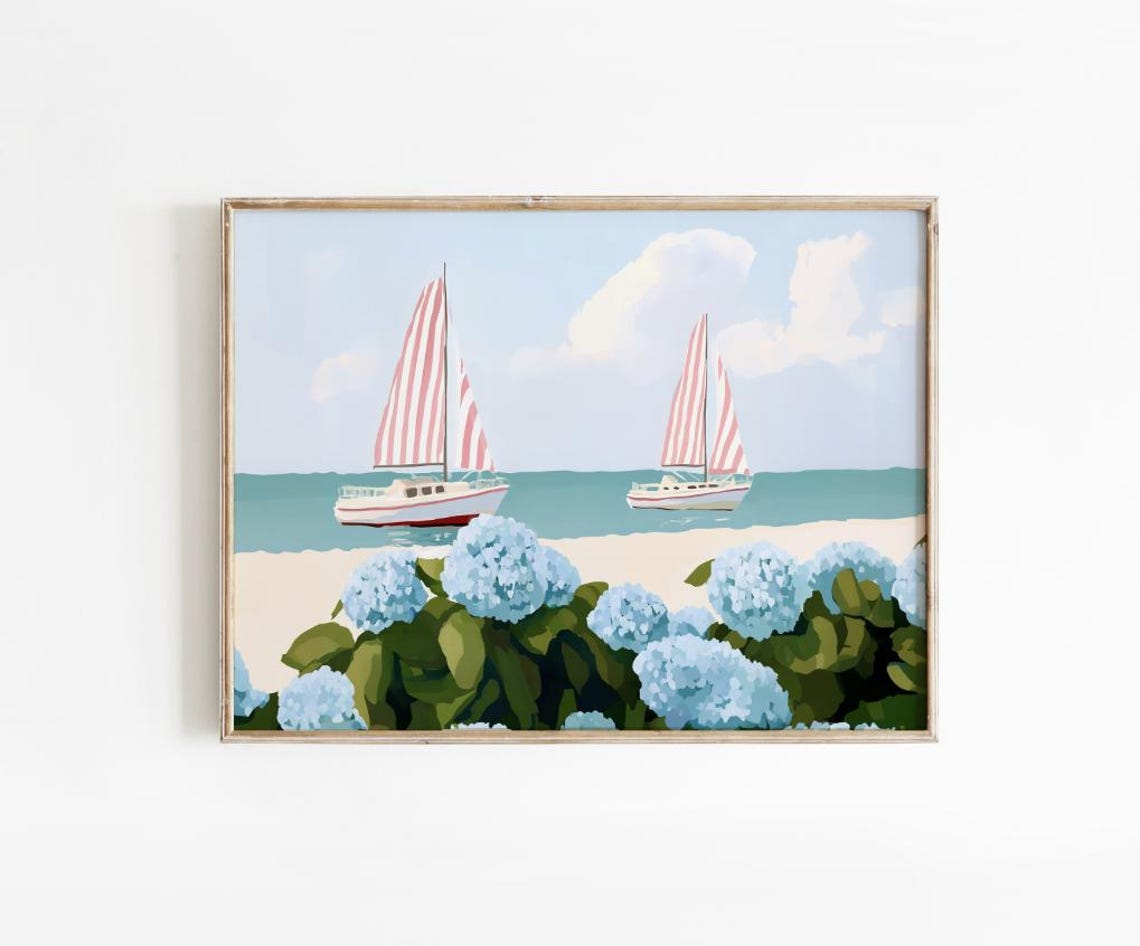 Pastel Sailboats Pink Striped Sails Hydrangea Beach Scene Poster