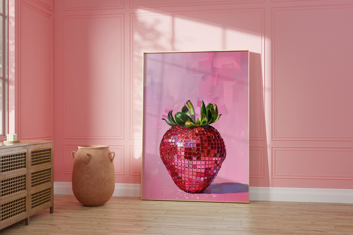 Retro Disco Strawberry Print, Vintage Pink Art - Image 2