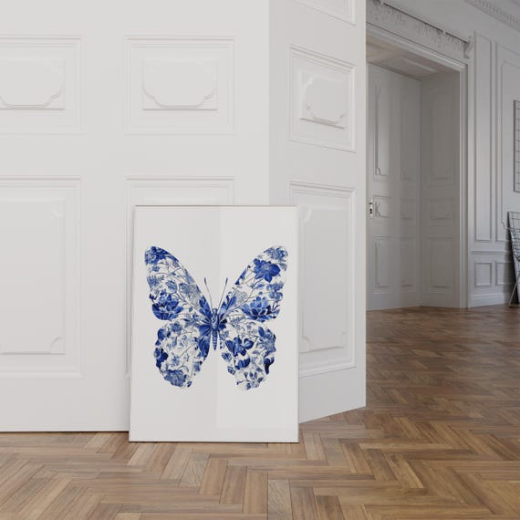 Chinoserie Butterfly Art Blue And White Coquette Coastal Cowgirl Decor Preppy Aesthetic Trendy Butterfly Dorm Decor Art
