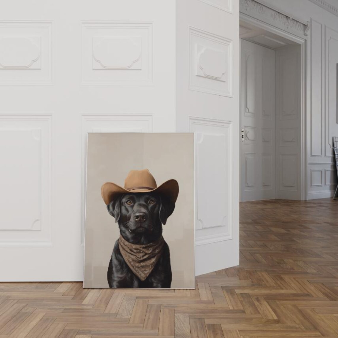 Black Labrador Wearing Cowboy Hat and Bandana Western Dog Poster