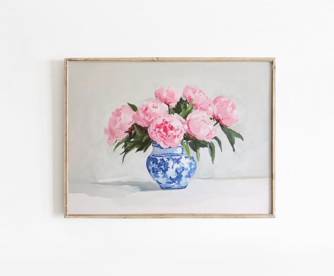 Pink Peonies in Blue Ginger Jar Watercolor Floral Art Poster