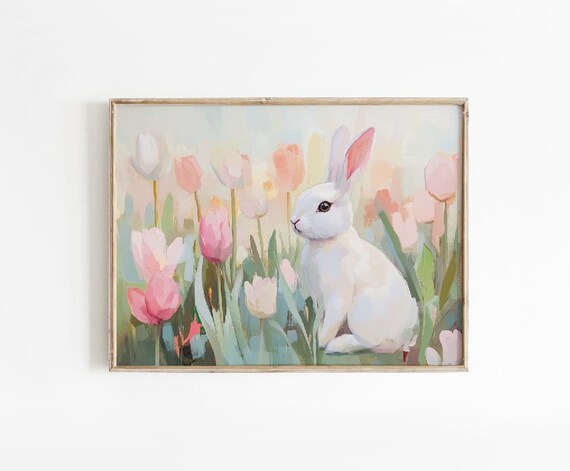 Bunny Tulip Field Painting Spring Nursery Art