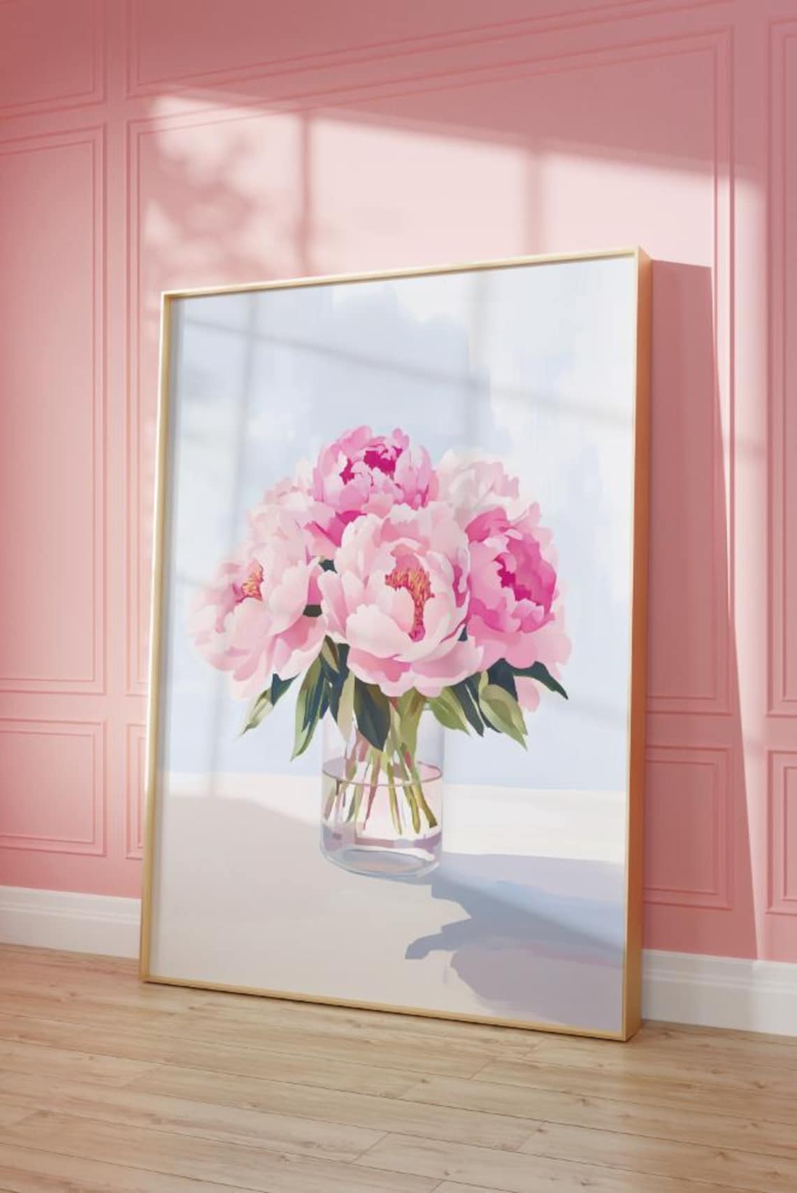 Pink Peonies Glass Vase Bright Minimalist Floral Bouquet Wall Art