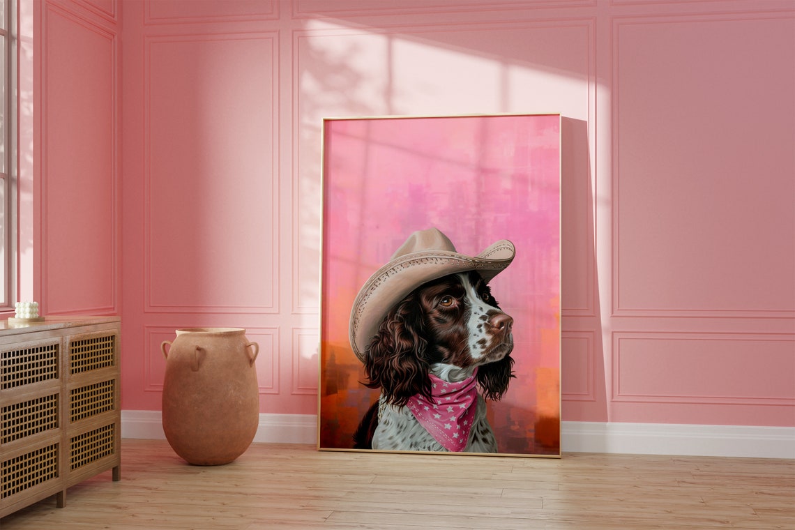 Dog Cowgirl Hat Print Pink Print Vintage Art Western Girly Preppy Trendy Wall Art Puppy Print Cowgirl Hat Print Funky Western Art
