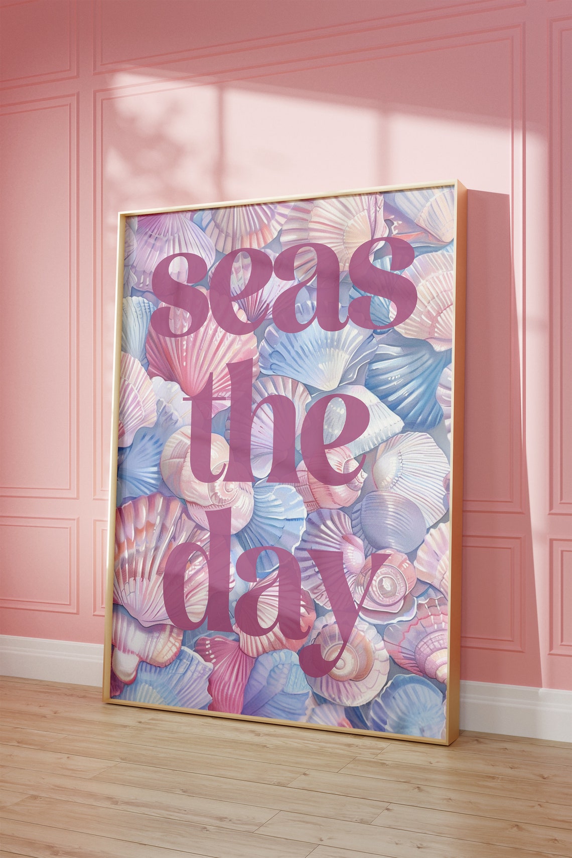 Pastel Seashell Collage Seas the Day Coastal Typography Poster - Image 2