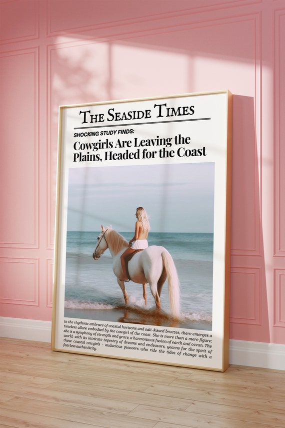 Coastal Cowgirl Wall Art Newspaper Print Wall Art Cowgirl Aesthetic Western Art Vintage Bar Cart Dorm Retro Surfing Wall Art