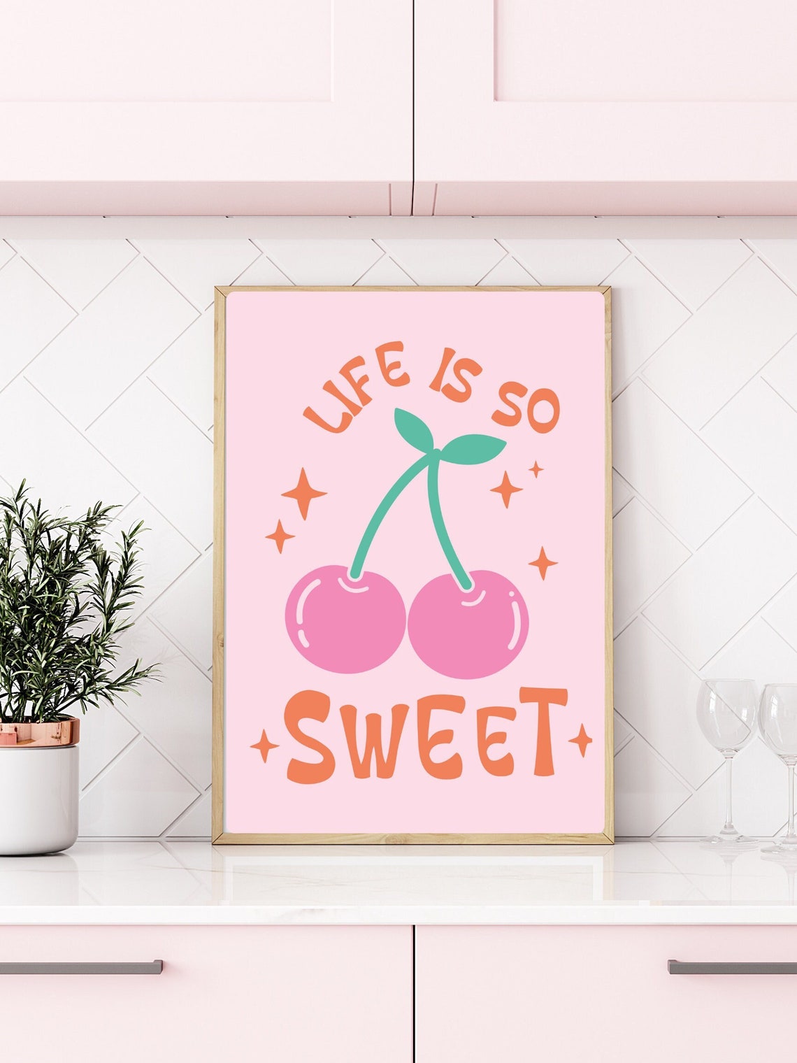 Life Is So Sweet Retro Pink Cherry Fruit Quote Kitchen Poster