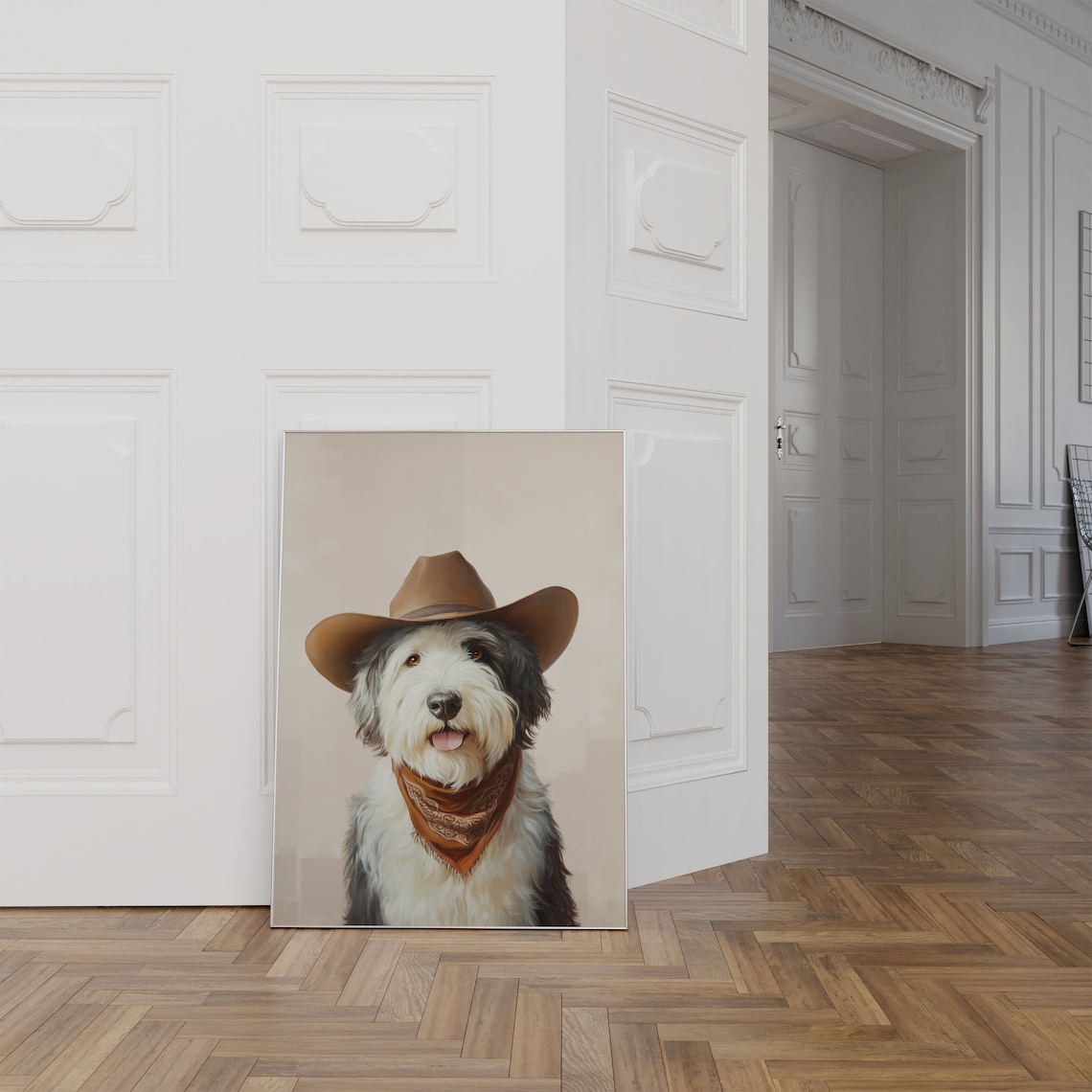 Old English Sheepdog in Cowboy Hat Bandana Western Dog Poster