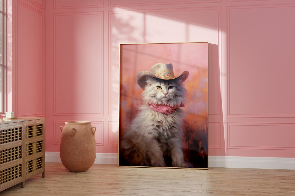Cat Cowgirl Hat Print Pink Print Vintage Art Western Girly Preppy Trendy Wall Art Cat Print Cowgirl Hat Print Funky Western Art - Image 2